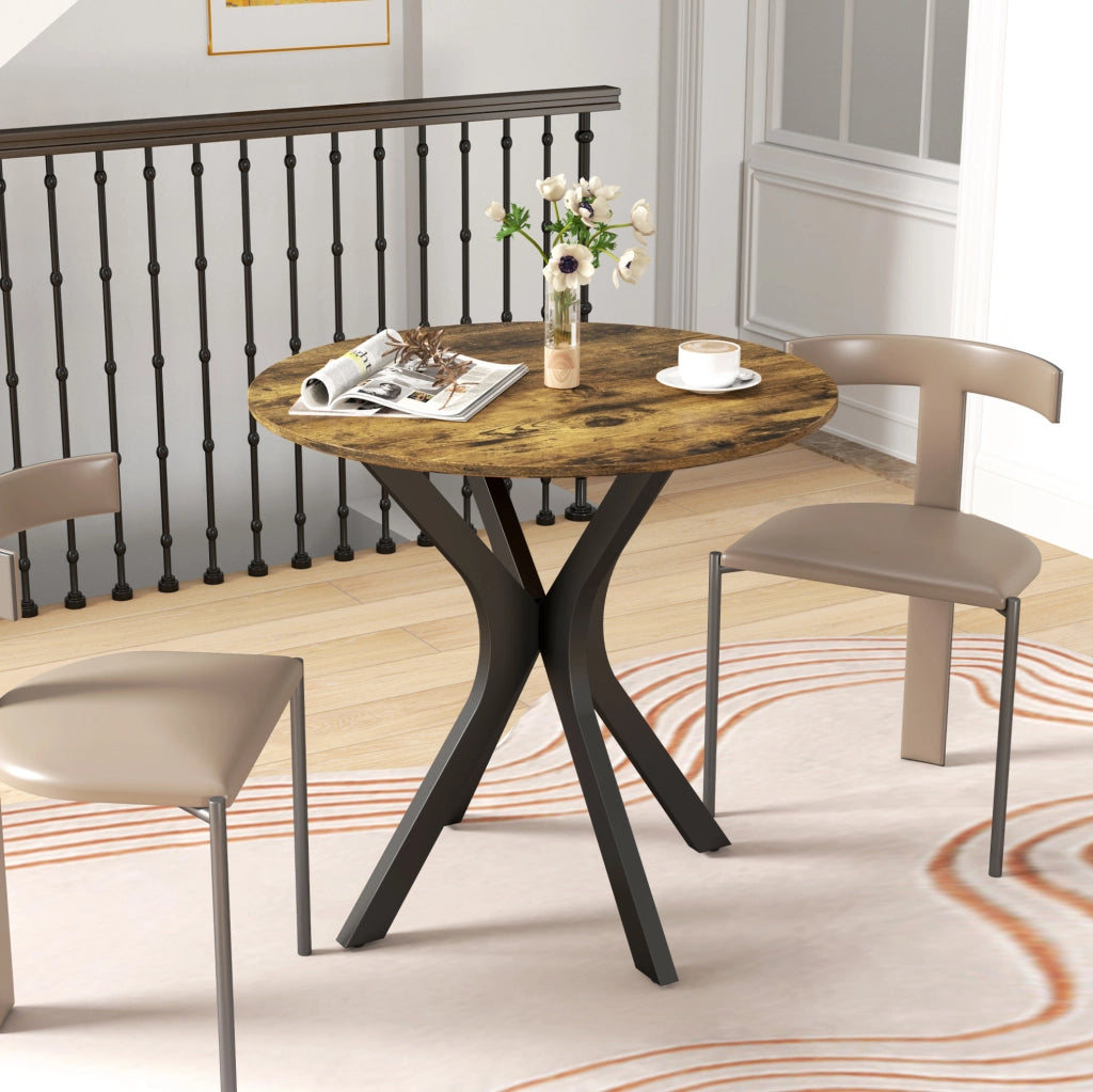 Tavolo da pranzo rotondo 80x75 cm in MDF marrone rustico, base in acciaio, 2 posti