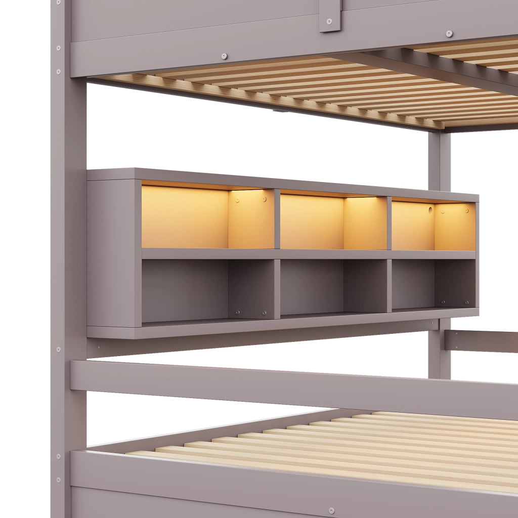 Letto a castello 160x200 cm con armadi contenitore e luce LED, Marrone