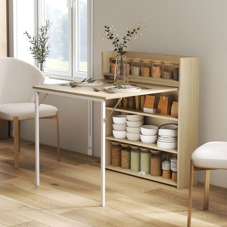 Tavolo da pranzo pieghevole con ripiani effetto rovere