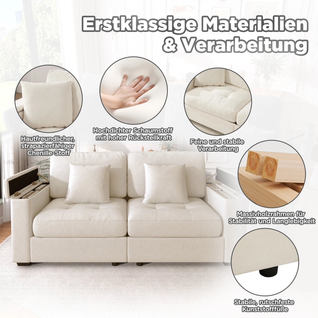Divano 2 posti beige con vani nei braccioli e tasche laterali; rivestimento in ciniglia e 2 cuscini