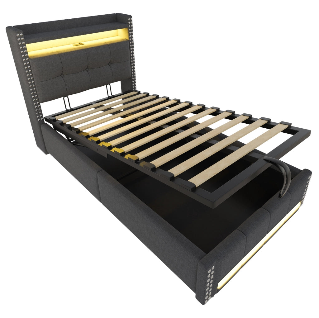 Letto imbottito singolo 90x200 cm con LED, USB e contenitore idraulico, grigio