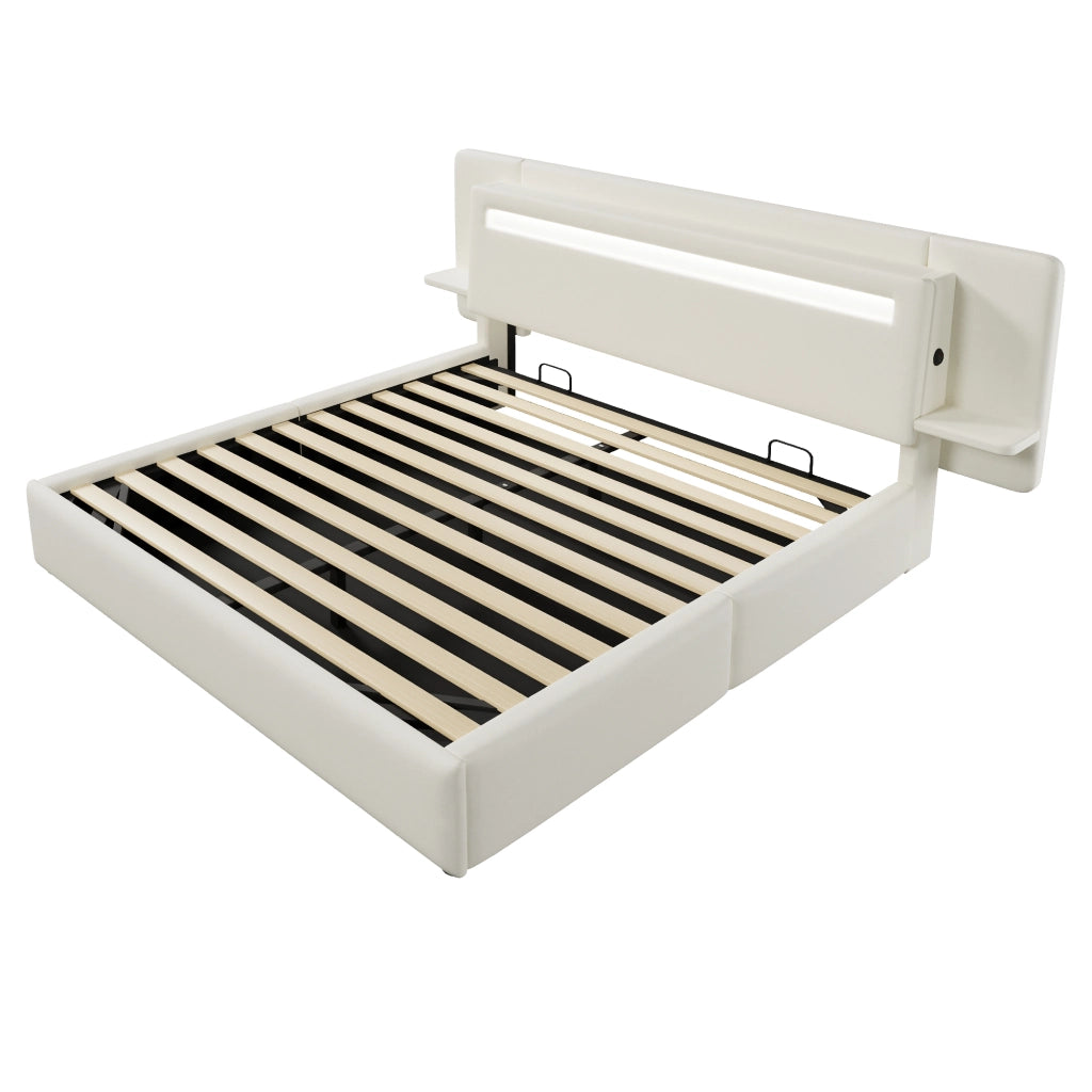 Letto contenitore 180 × 200 cm imbottito con sollevamento idraulico; comodino USB e LED multicolore beige