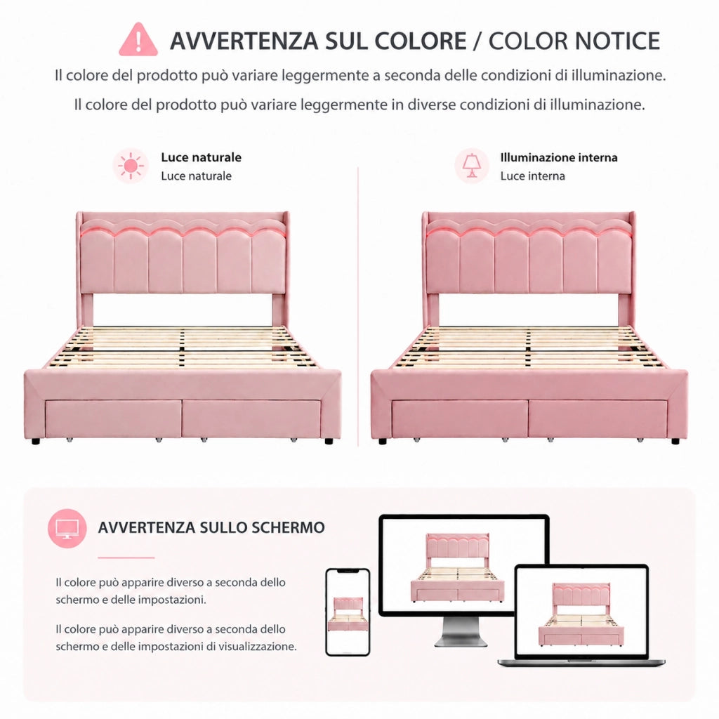 Letto imbottito rosa 140x200 cm con due cassetti e LED; velluto