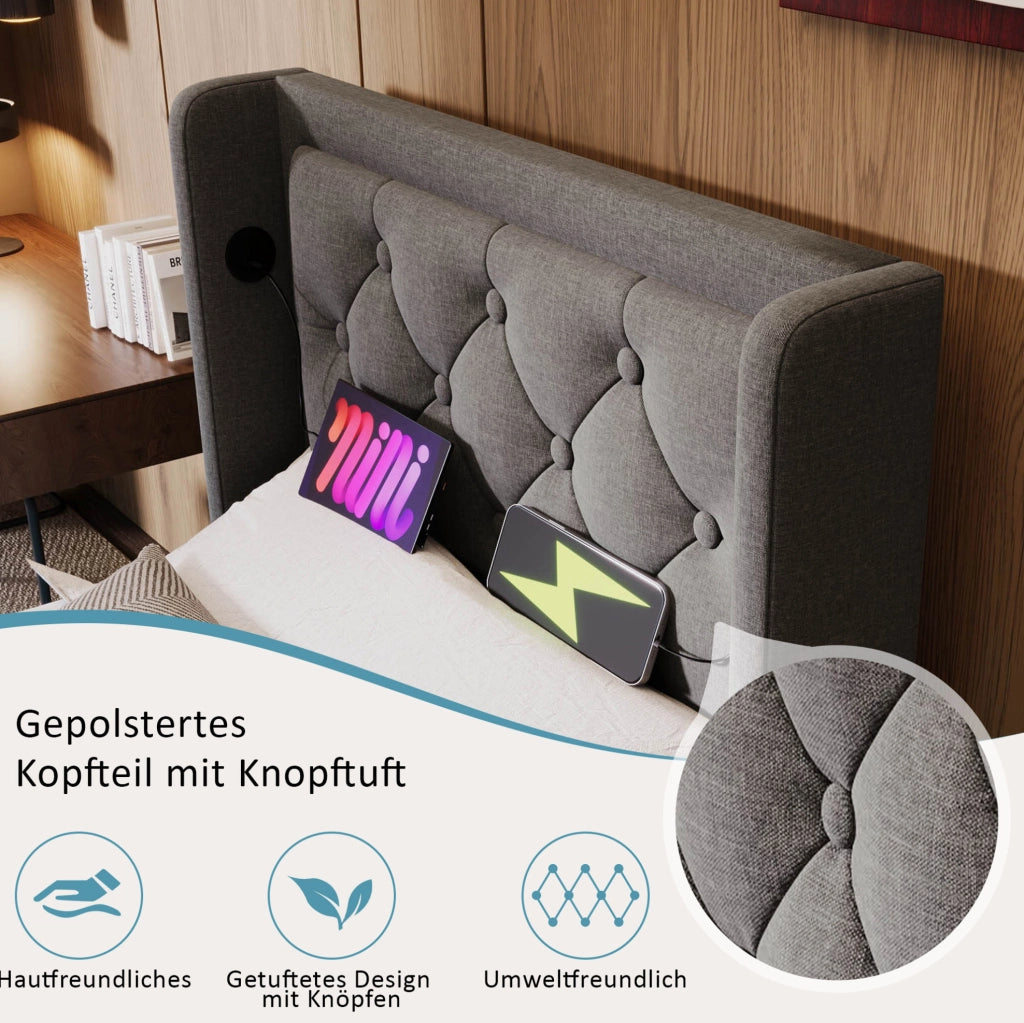 LETTO Contenitore 90x200 cm Grigio in cotone con materasso incluso, USB Tipo C e LED