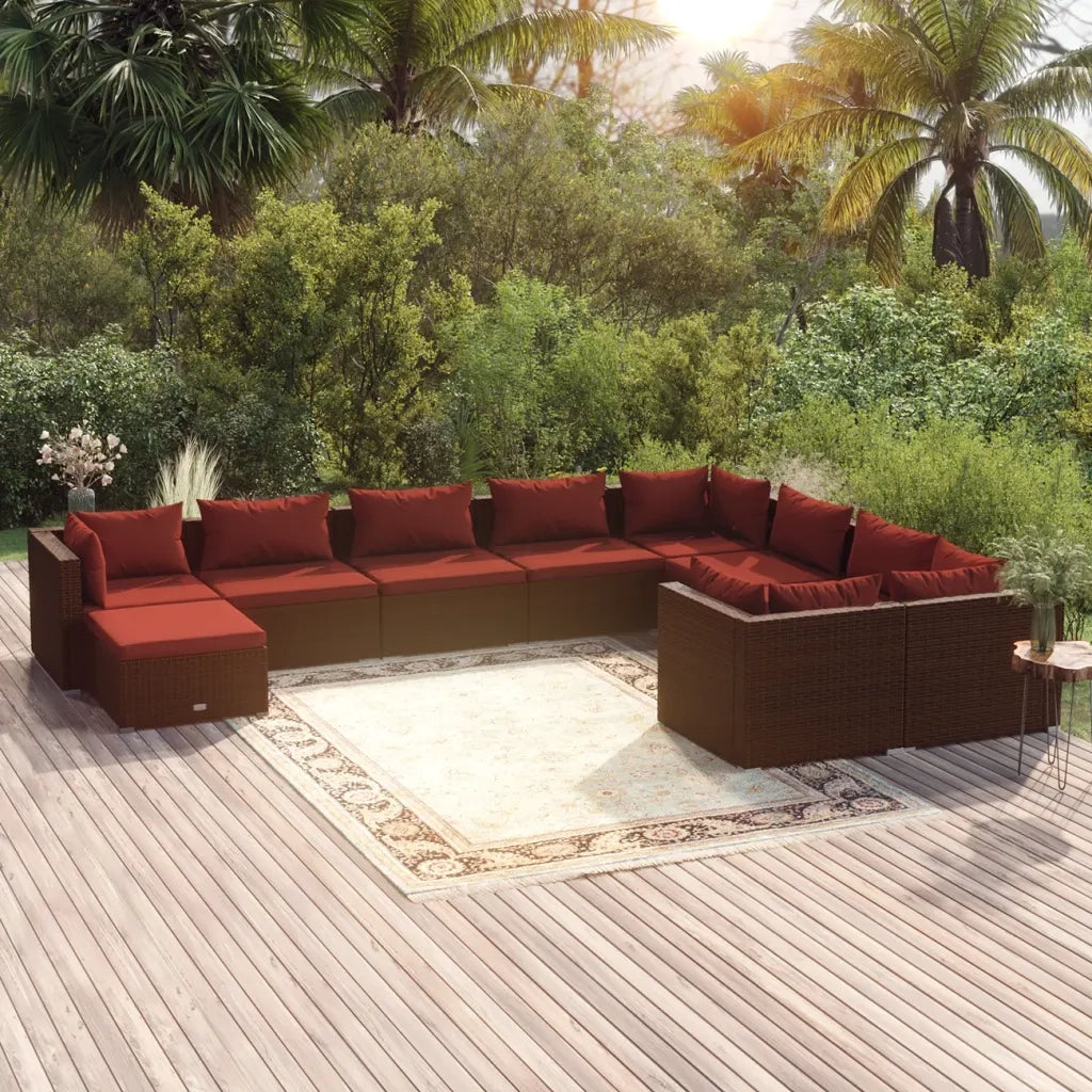 Set Divani da Giardino 10 pz con Cuscini in Polyrattan Marrone 3102683