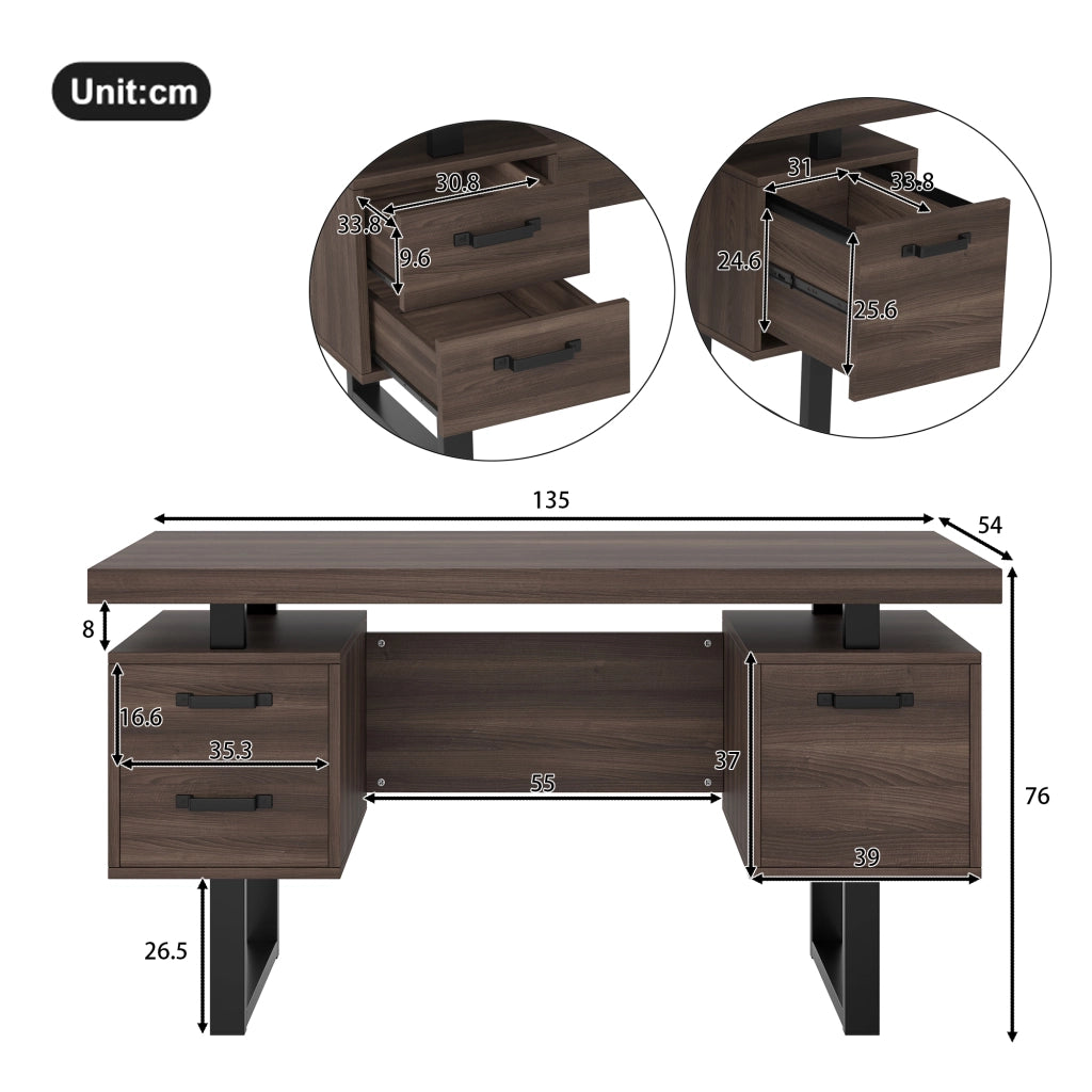 Scrivania da ufficio 135x54 cm con 2 cassetti e vano portadocumenti; MDF e metallo nero/marrone