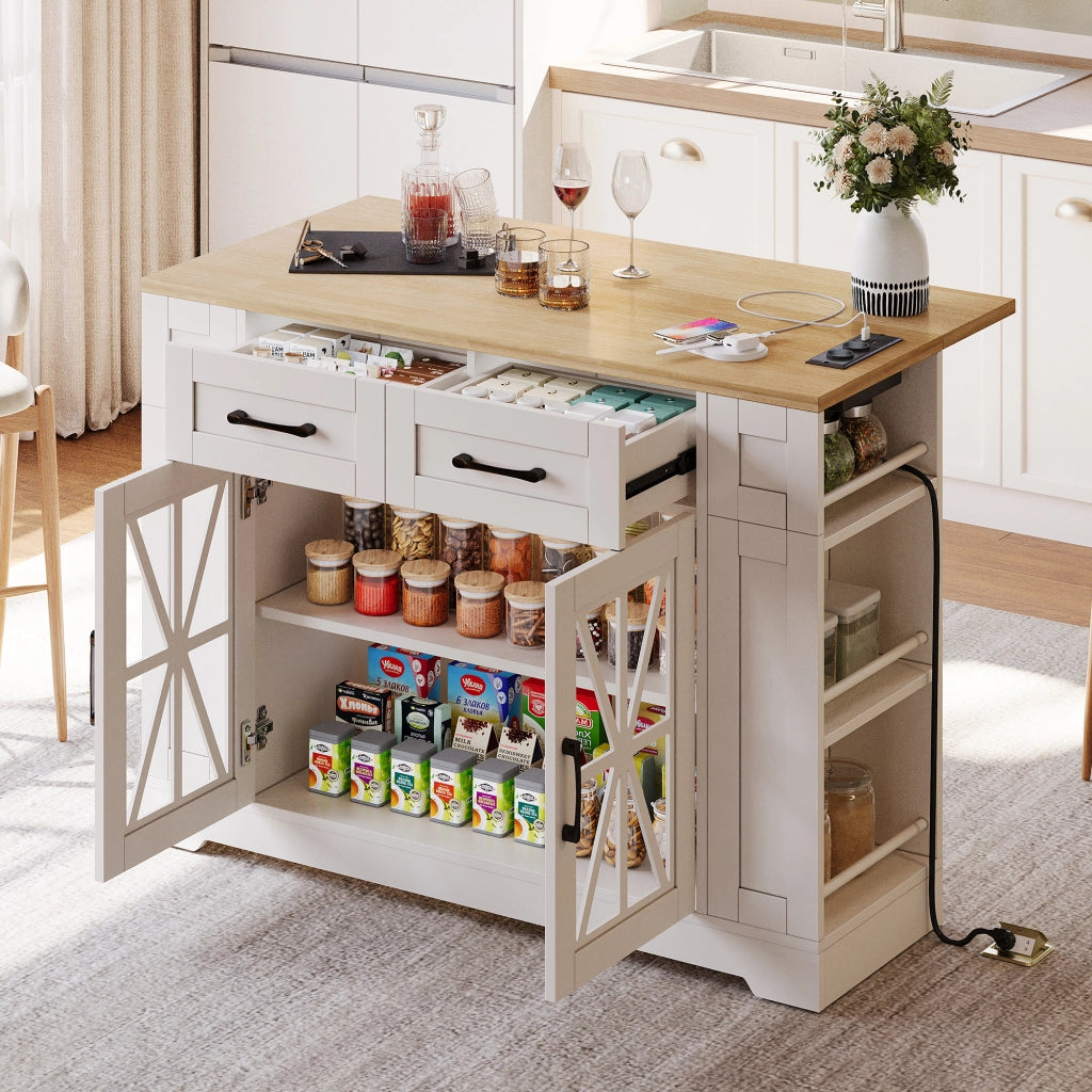 Isola cucina con tavolo a scomparsa 120 cm; 2 prese AC e 2 USB; porte in vetro e ruote; 120x65x92 cm