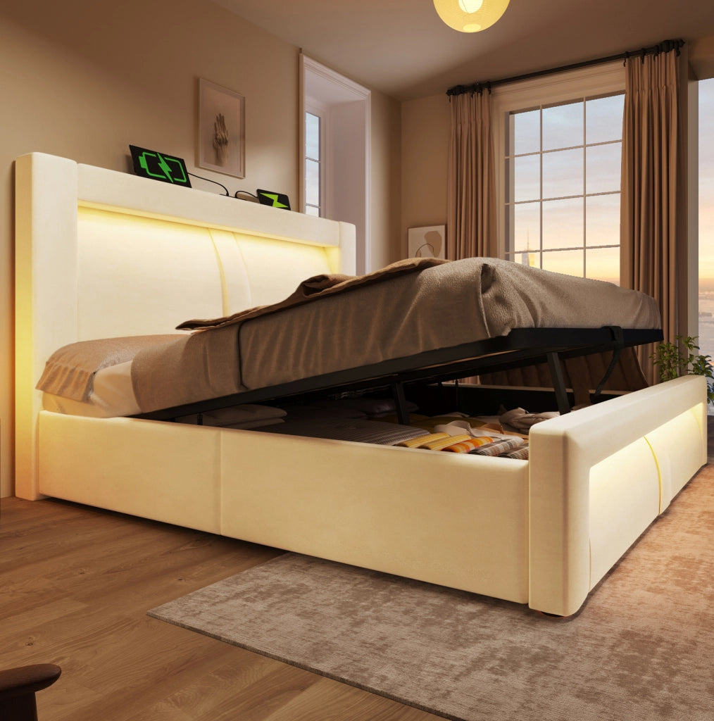Letto contenitore 140x200 cm LED USB Type-C in velluto beige
