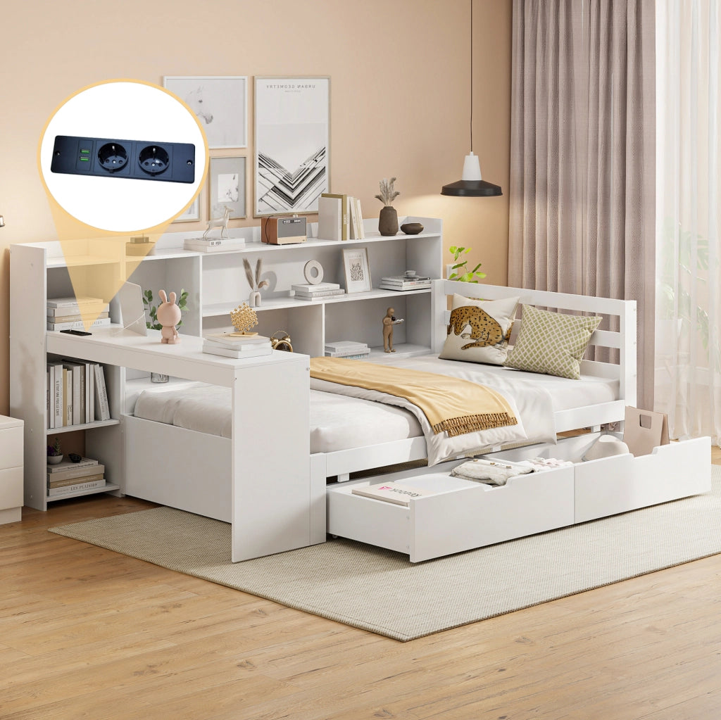 Divano letto 90x200 cm in legno bianco con scrivania， mensole， vano e presa， senza materasso