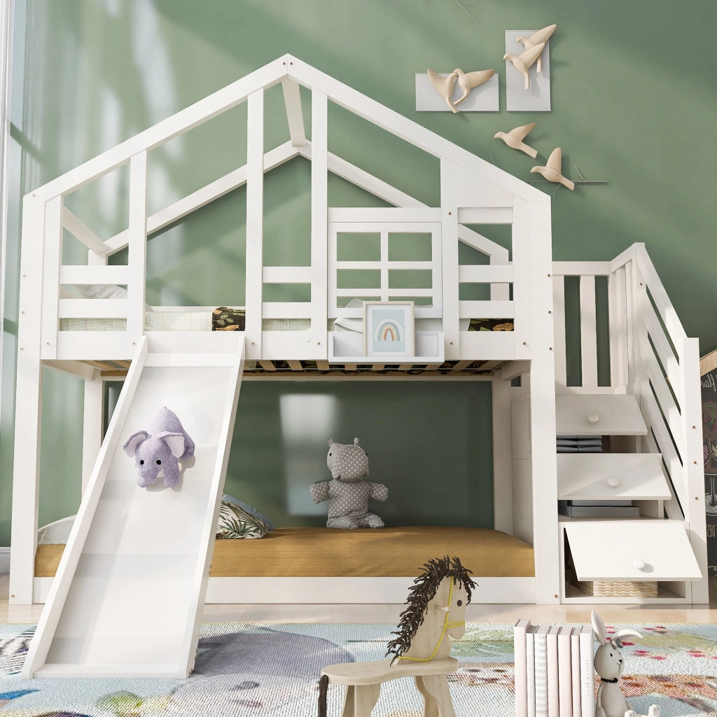 Letto a castello per bambini 90x200 cm con scivolo bianco