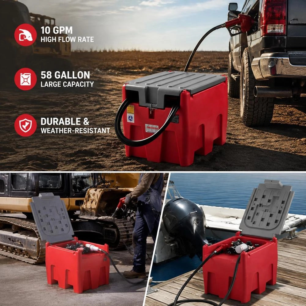 Portable Diesel And Petrol Tank, 220 L, 45 L/min Flow Rate, Diesel Fuel Tank With 12 V Transfer Pump, 4 M Hose, Automatic Refueling Nozzle, Transfer Tank For Fuel Transport, Red