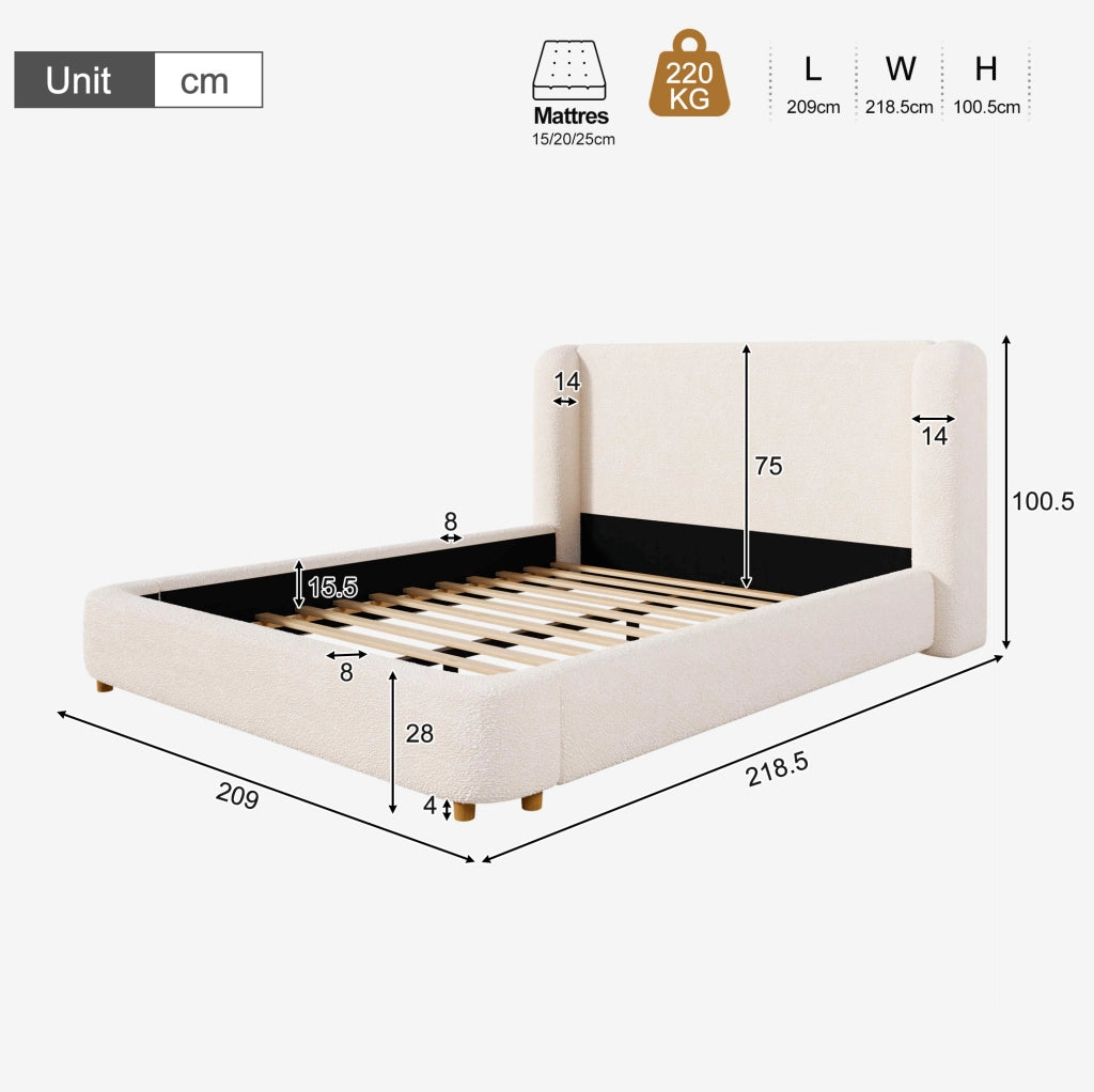 Letto imbottito bouclé beige con rete a doghe