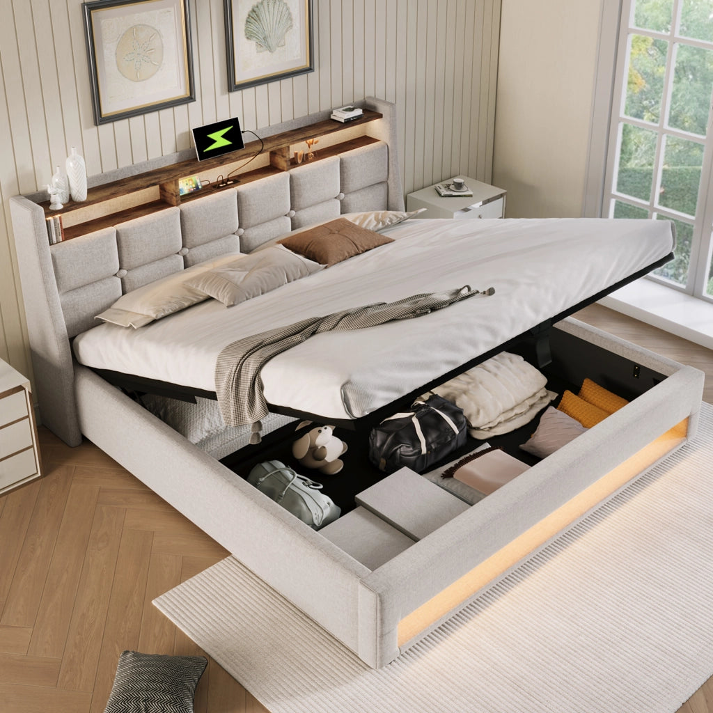 Letto imbottito 140x200 cm con LED e USB