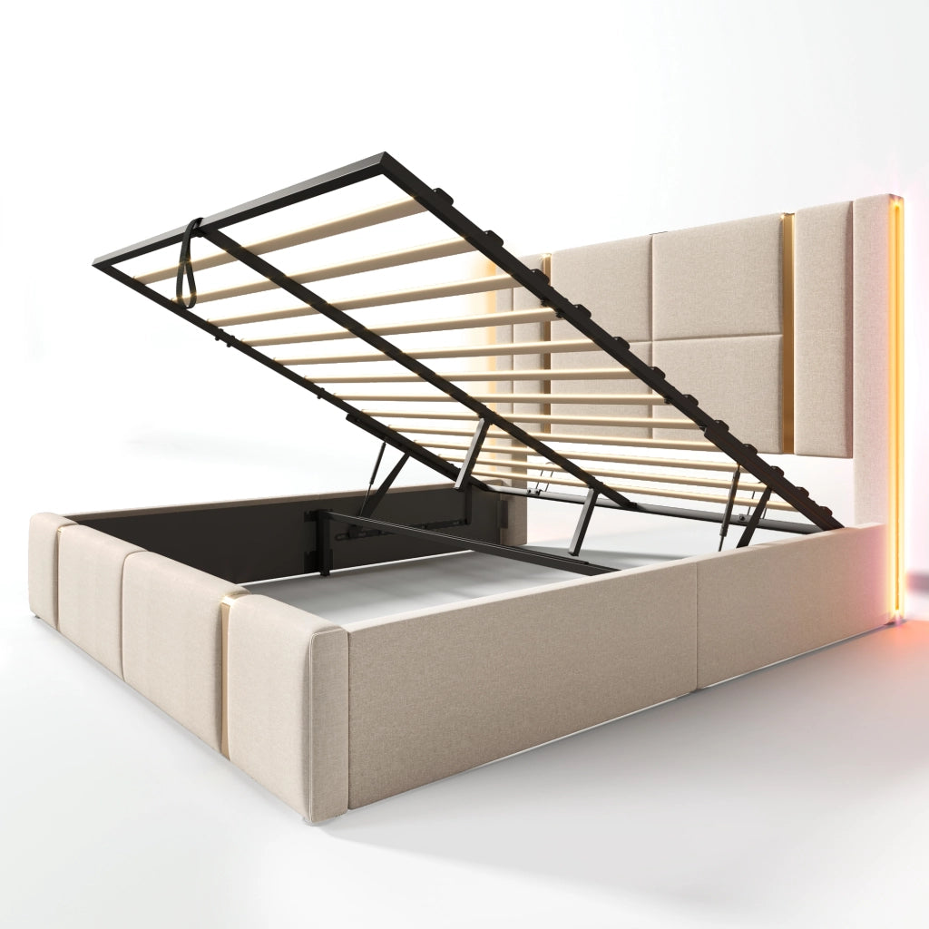 Letto matrimoniale imbottito 160x200 beige con LED RGB