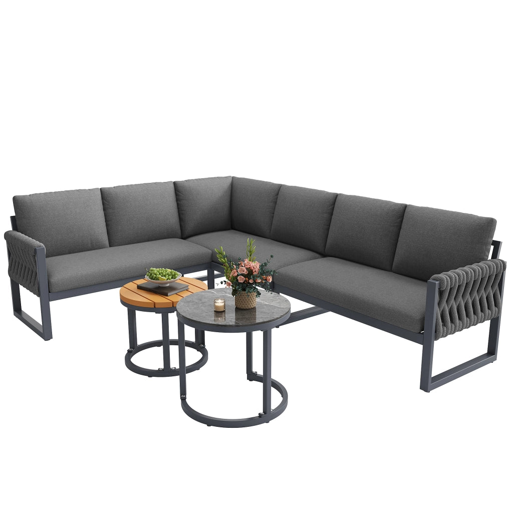 Set lounge da giardino modulare grigio con 2 tavolini regolabili e cuscini sfoderabili in olefina