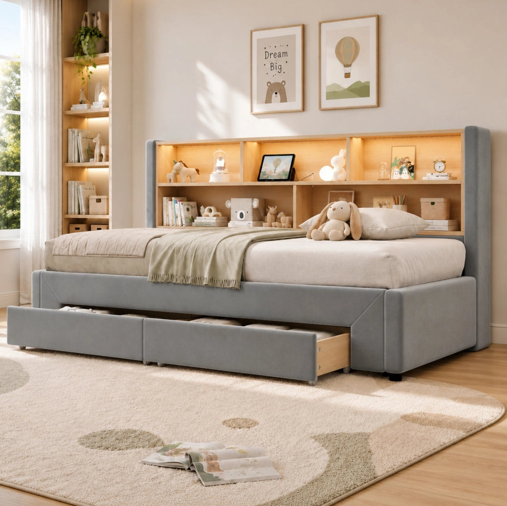 Letto da giorno 90x200 cm grigio in velluto, estraibile fino a 180x200 cm, senza materasso