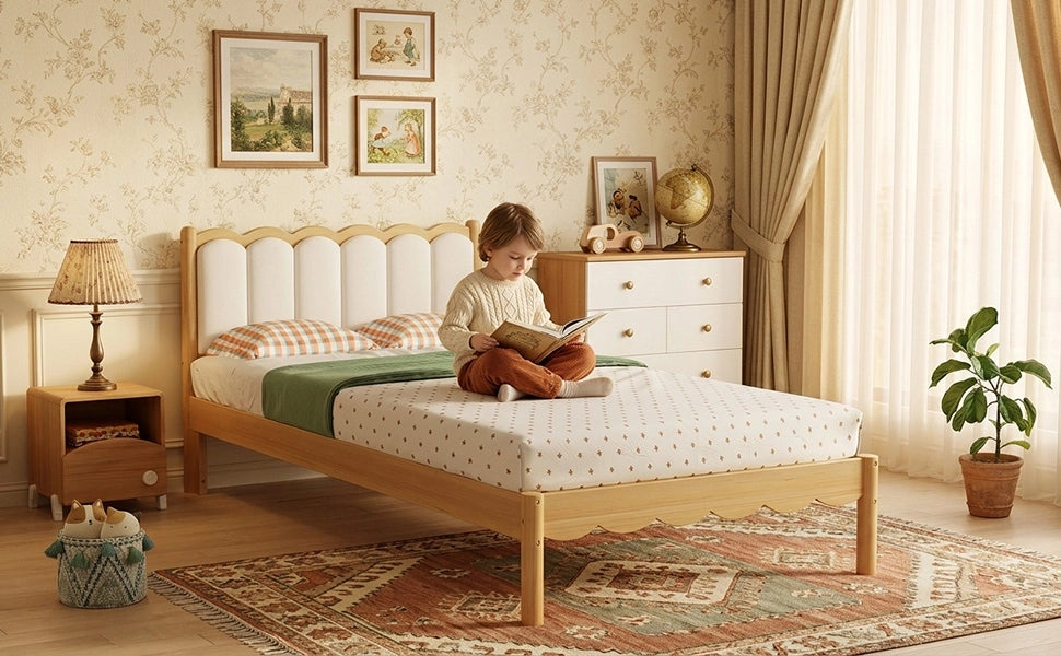Letto imbottito per bambini con testiera in PU e doghe, 90x200 cm, beige
