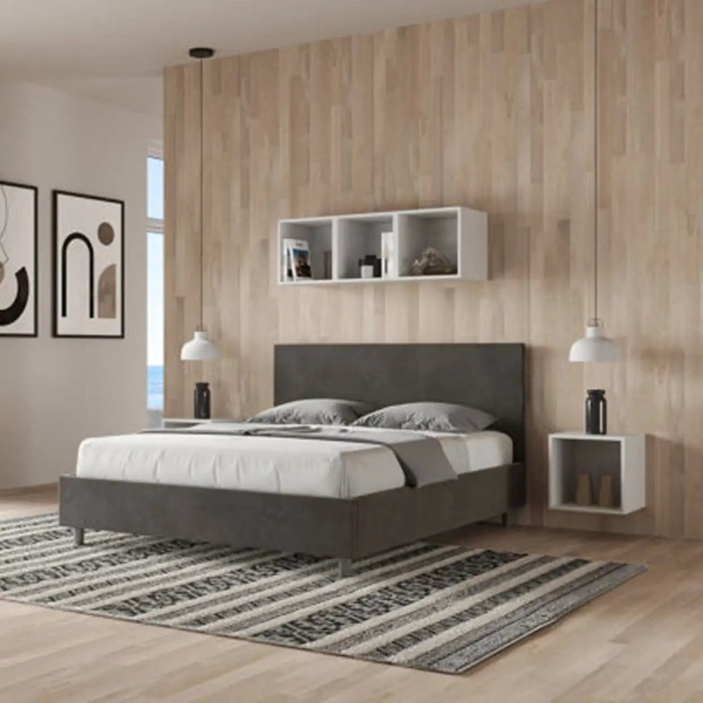 Letto matrimoniale senza rete imbottito 160x200 microfibra grigio Adele