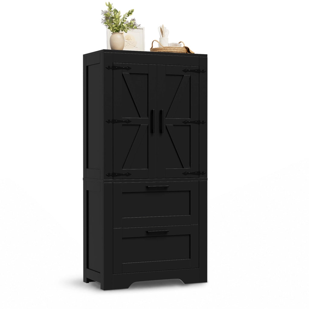 Credenza alta stile rustico con 2 cassetti e ripiani regolabili; MDF; nera