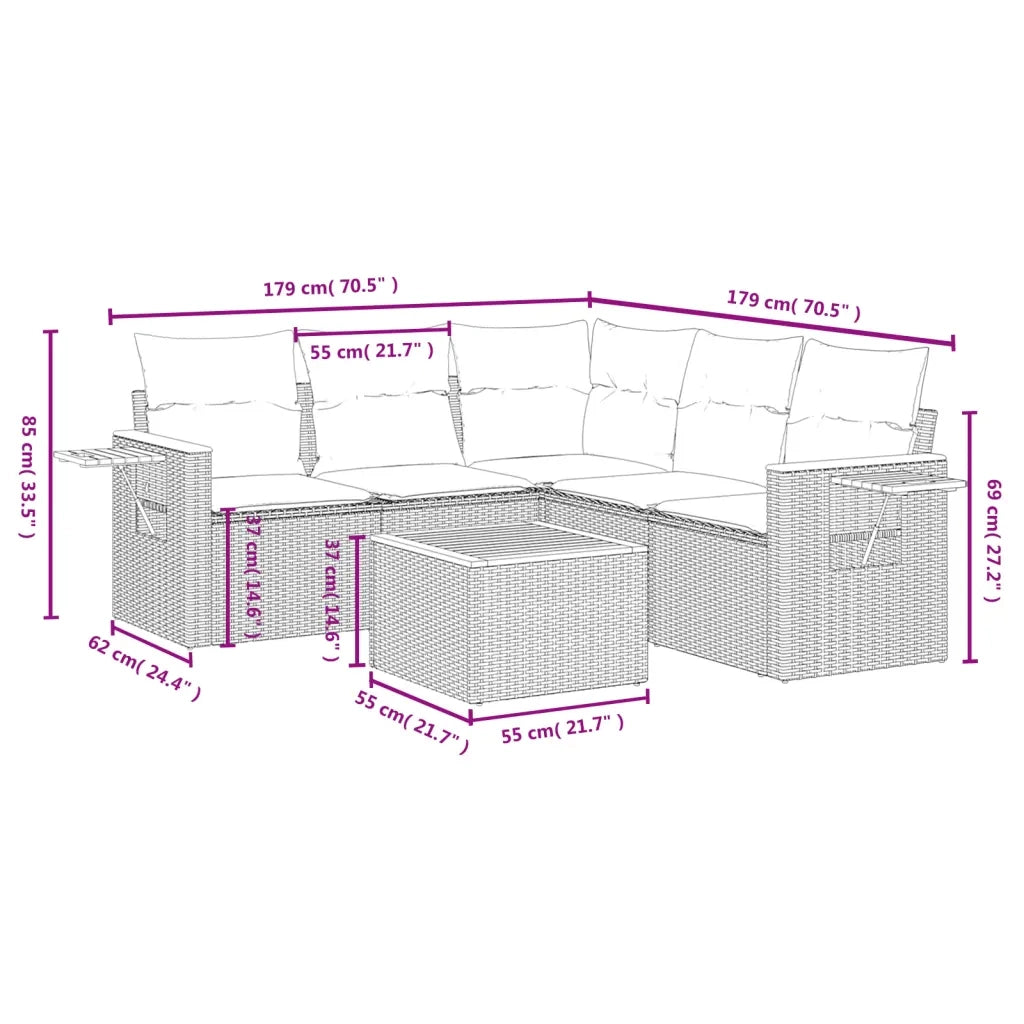 Set Divano da Giardino 6 pz con Cuscini Nero in Polyrattan