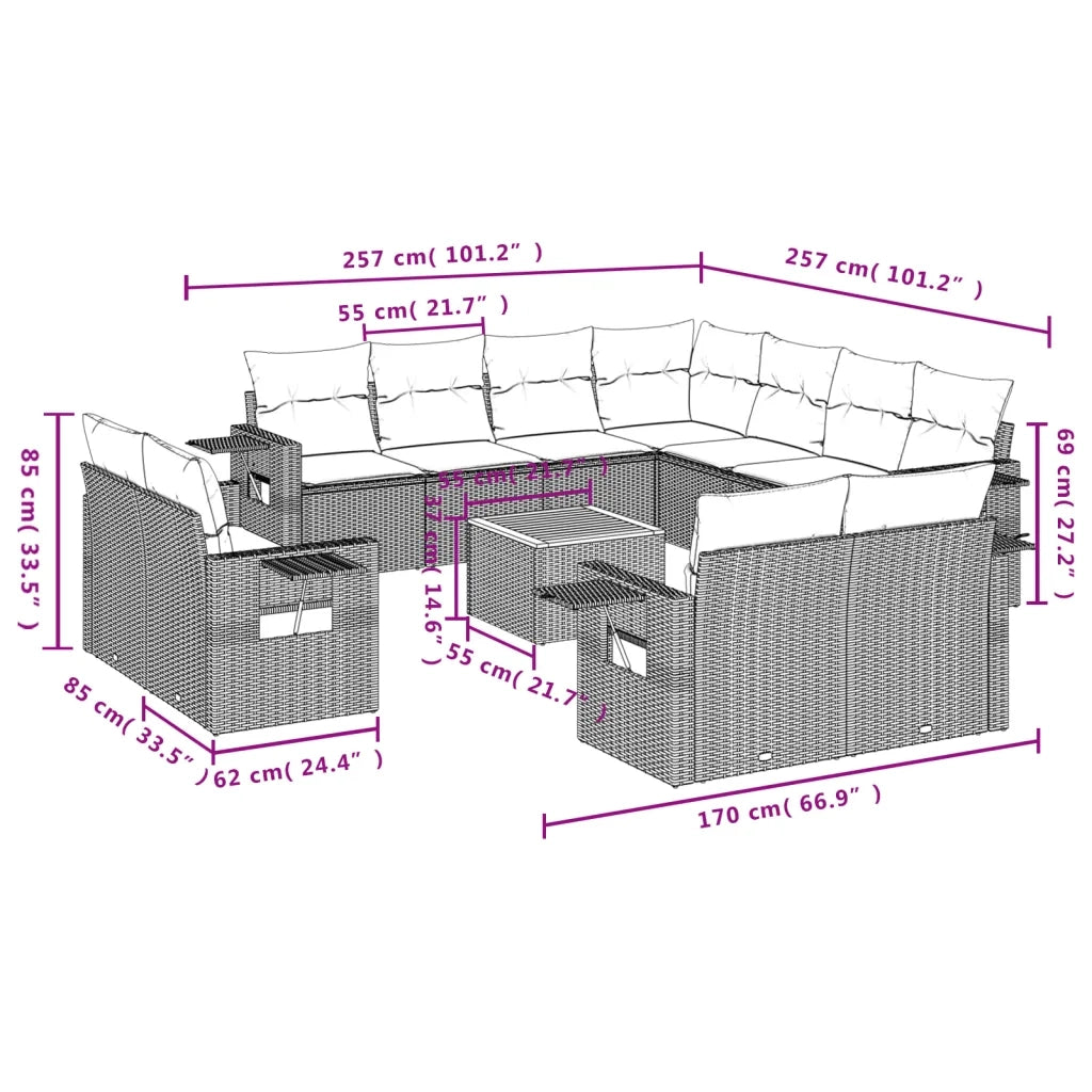 Set Divani da Giardino 12 pz con Cuscini Beige in Polyrattan 3224826