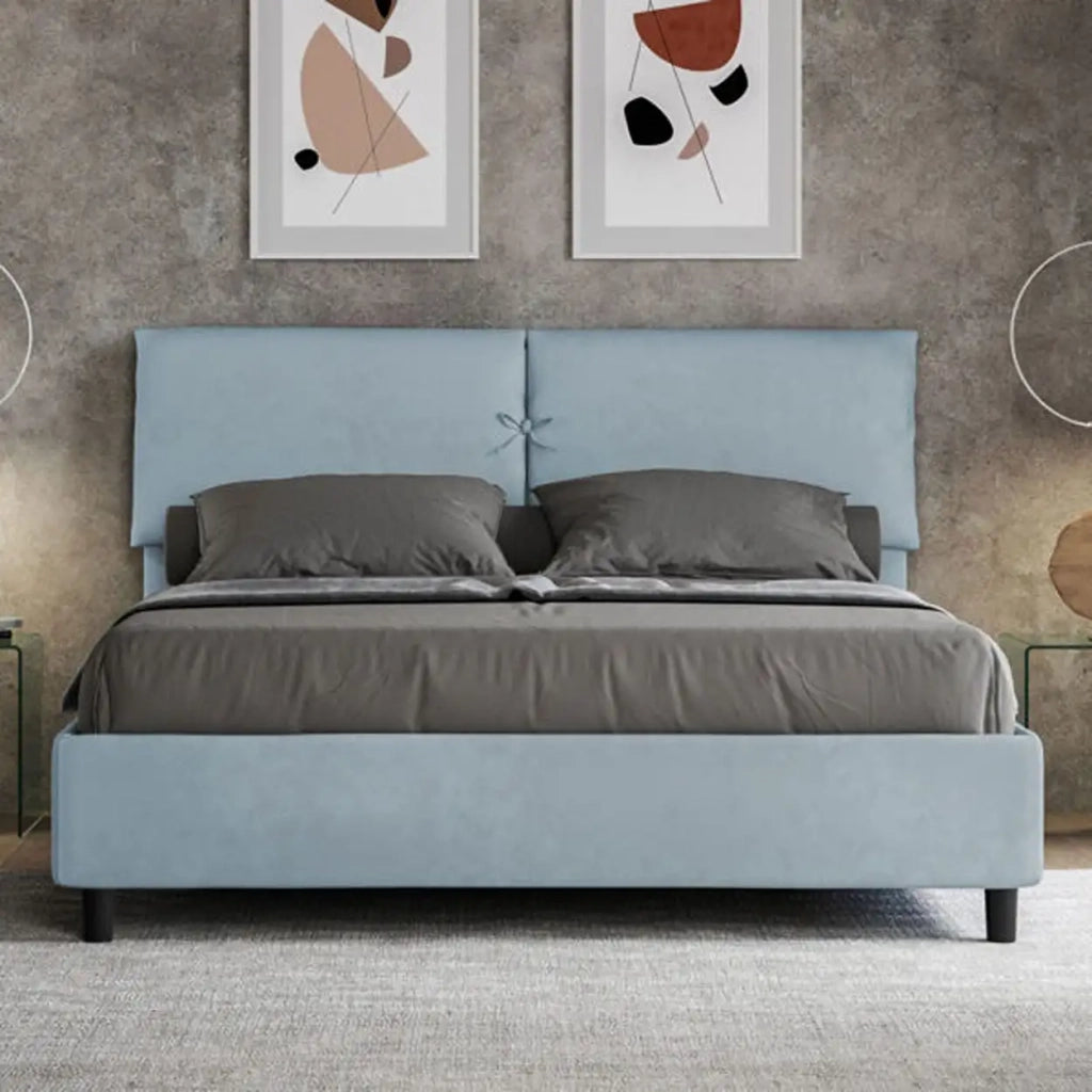 Letto matrimoniale con rete imbottito 160x190 microfibra azzurro Mados
