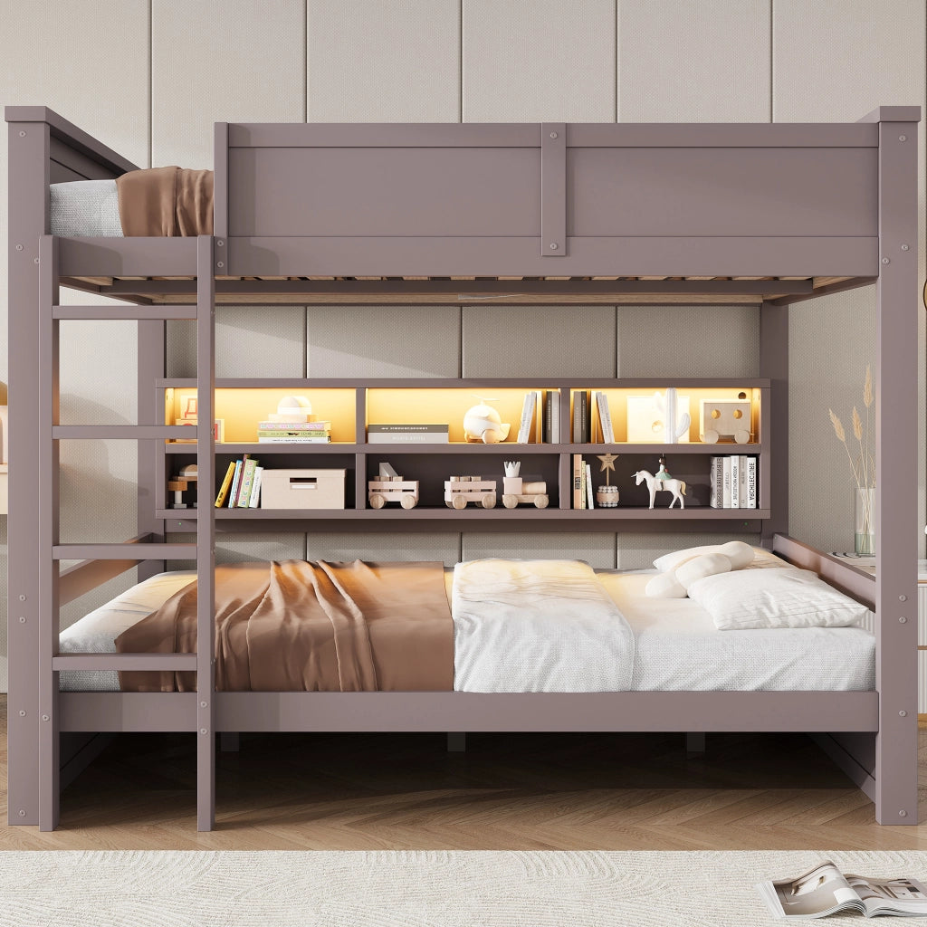 Letto a castello 160x200 cm con armadi contenitore e luce LED, Marrone