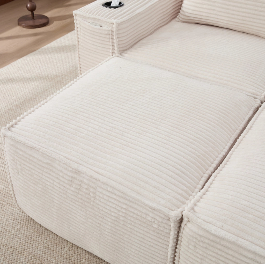 Divano modulare 2 posti corduroy con pouf, porta bicchieri e tasche, beige