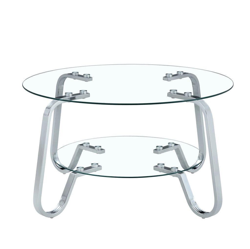 TAVOLINO DA CAFFÈ Rotondo a 2 ripiani in vetro e metallo Silver