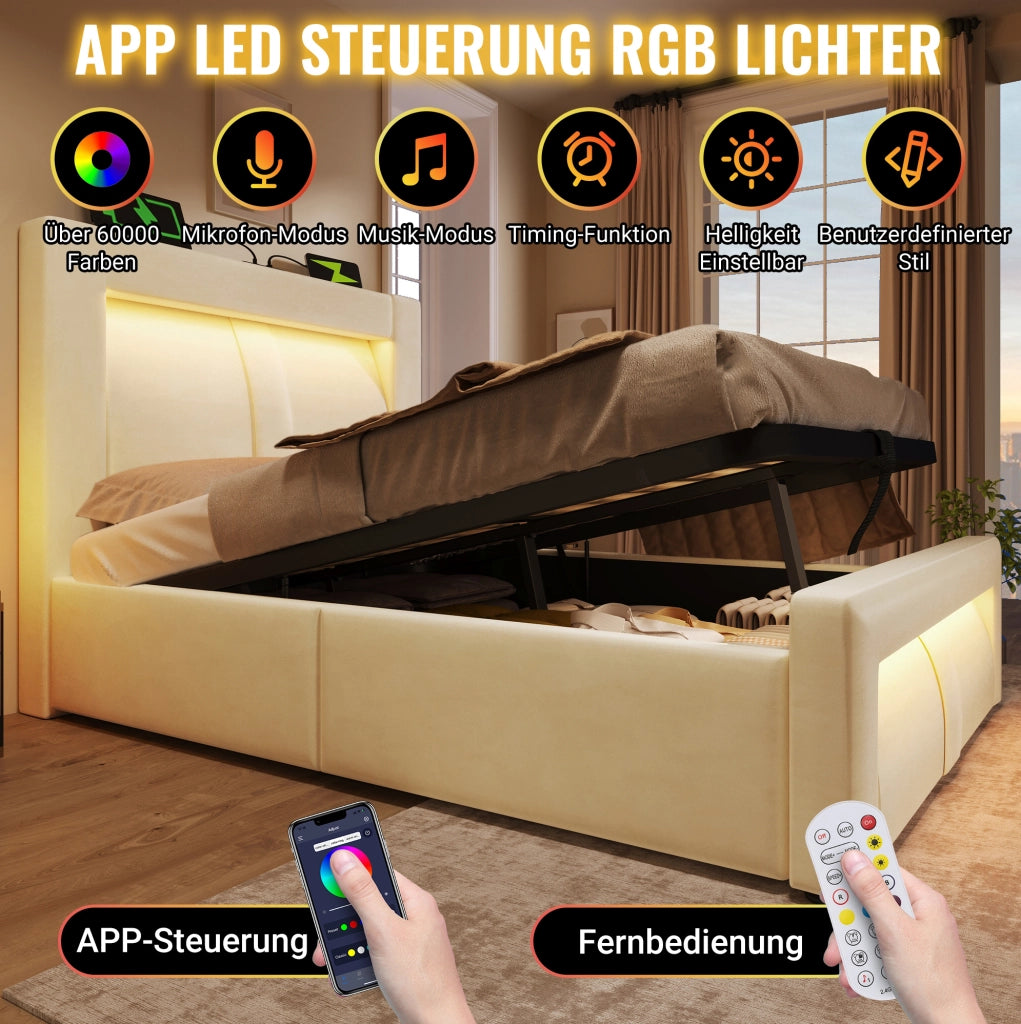 Letto contenitore 140x200 cm LED USB Type-C in velluto beige