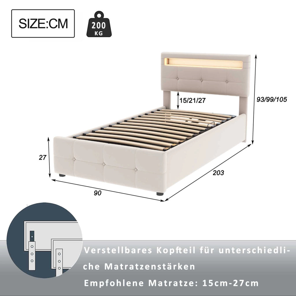 Letto contenitore 90x200 cm con LED e testiera regolabile; in velluto; beige