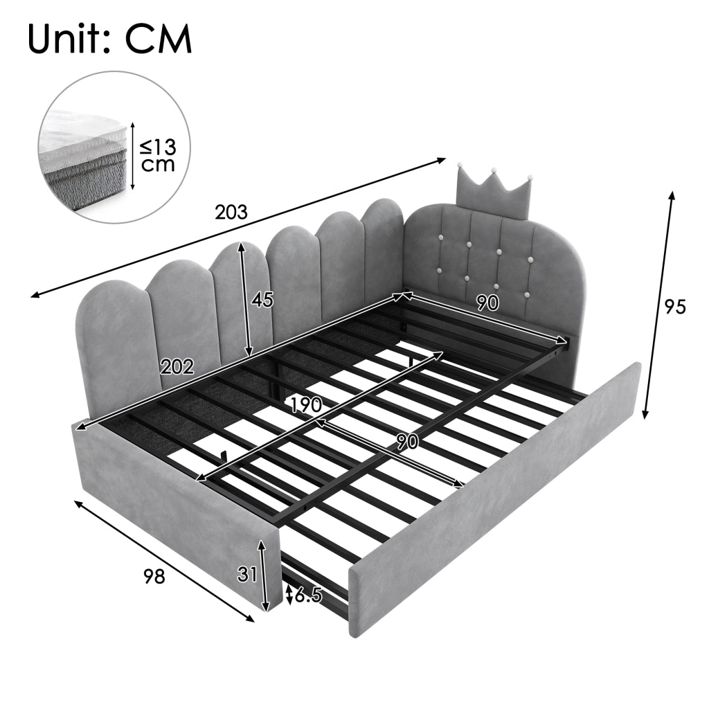 Letto singolo grigio 90x200 cm con letto estraibile