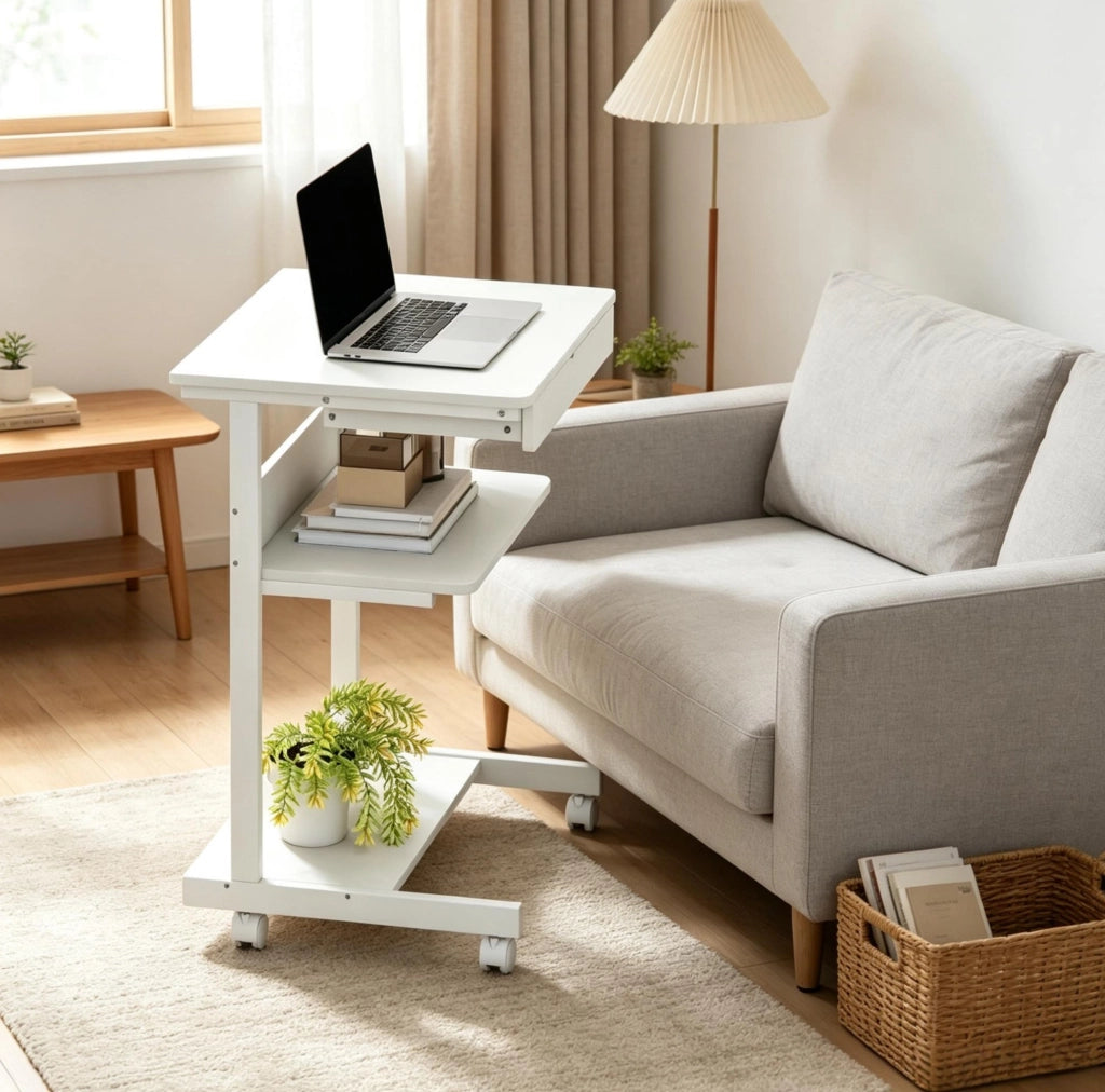 Scrivania per computer con ruote, 56x51 cm, con cassetto, ripiano e supporto CPU, per ufficio e home office, bianca
