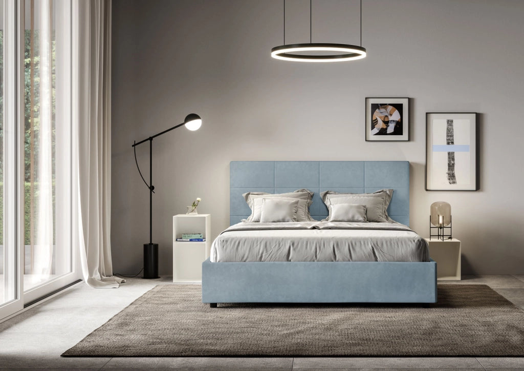 Letto 1 Piazza E Mezzo 130x190 cm con Rete Imbottito in Microfibra Mika Azzurro