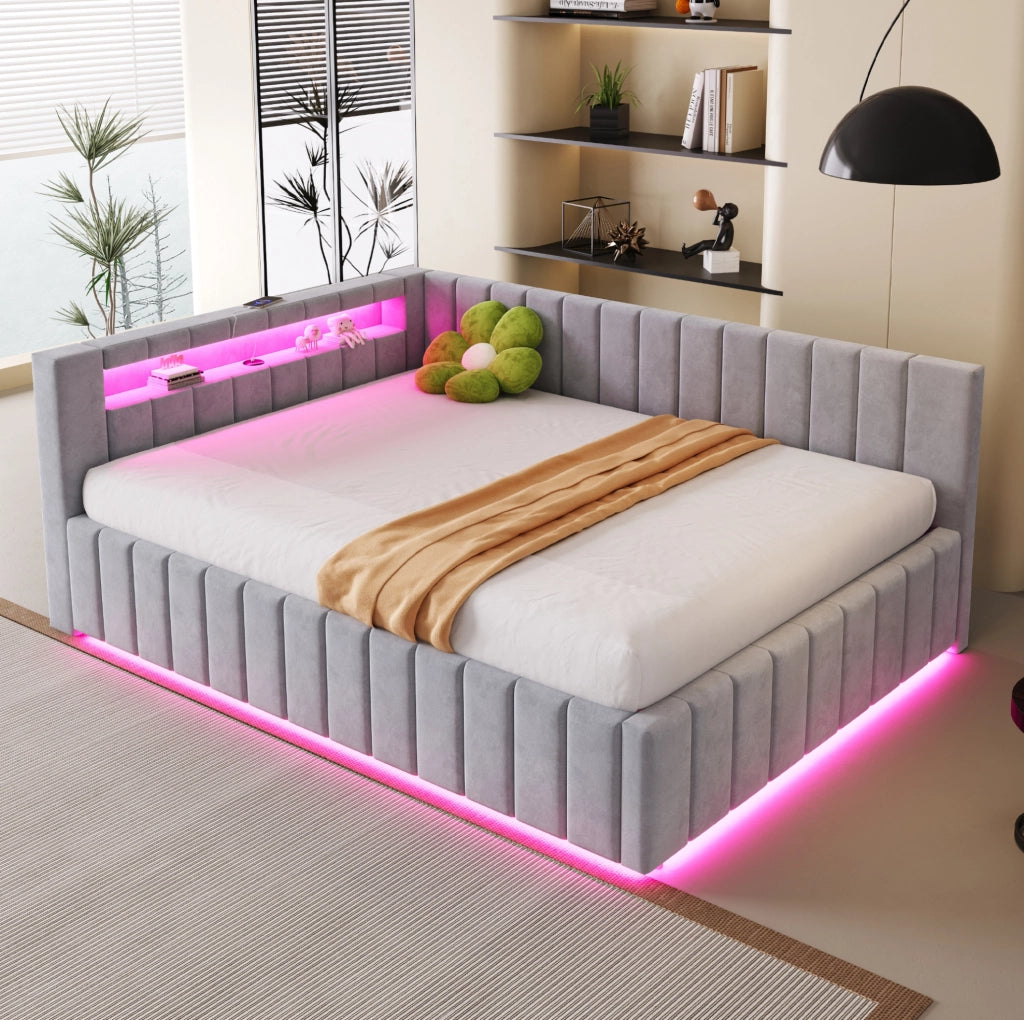 Letto imbottito 140x200 cm con contenitore idraulico; LED e USB; velluto grigio