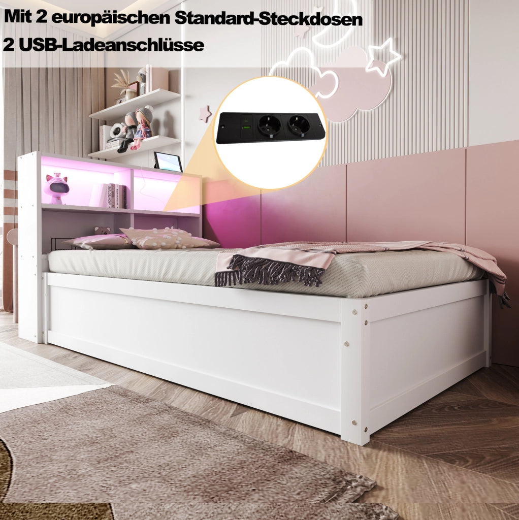 Letto singolo multifunzione 90x200 cm con LED e vani, bianco