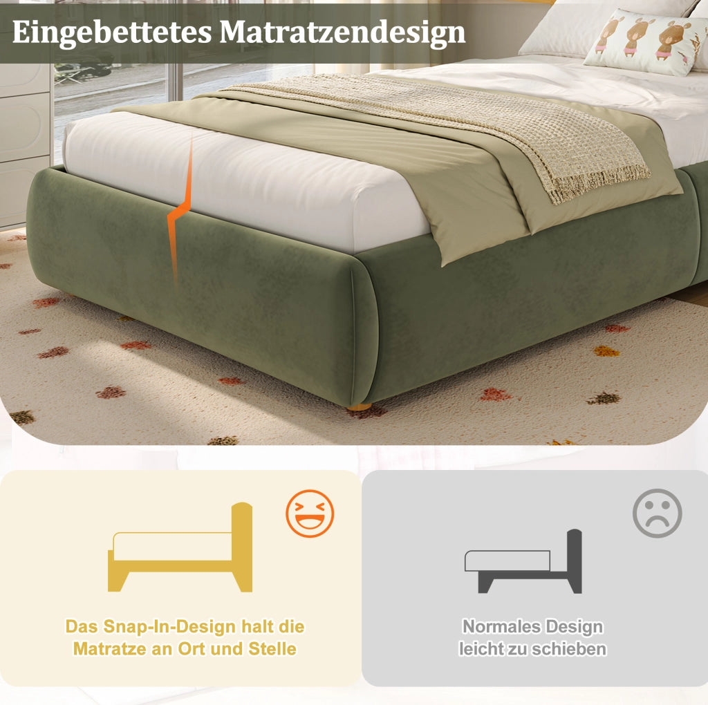 Letto imbottito per bambini verde in velluto con contenitore