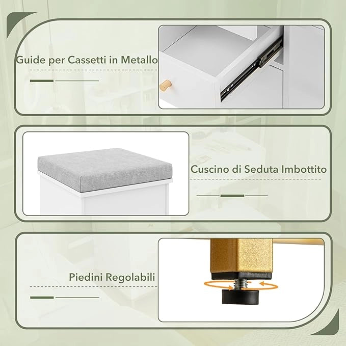 Toeletta da Trucco con Luci, Set Tavolo e Sgabello da Trucco con Stazione di Ricarica, Luci a LED a 3 Colori, Armadietto a Specchio, 3 Cassetti, Supporto per Asciugacapelli