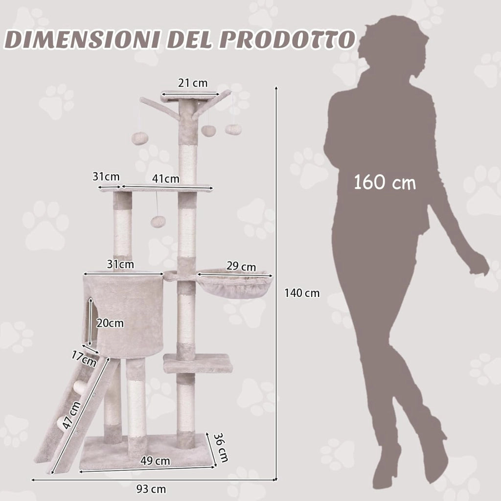Tiragraffi per Gatti Alto 140 cm, Albero Tiragraffi Gatto con Tiragraffi in Sisal, Cesto, Piattaforma, Scala e Palline Pendenti, Torre Multi-Livello per Gatti da Interno