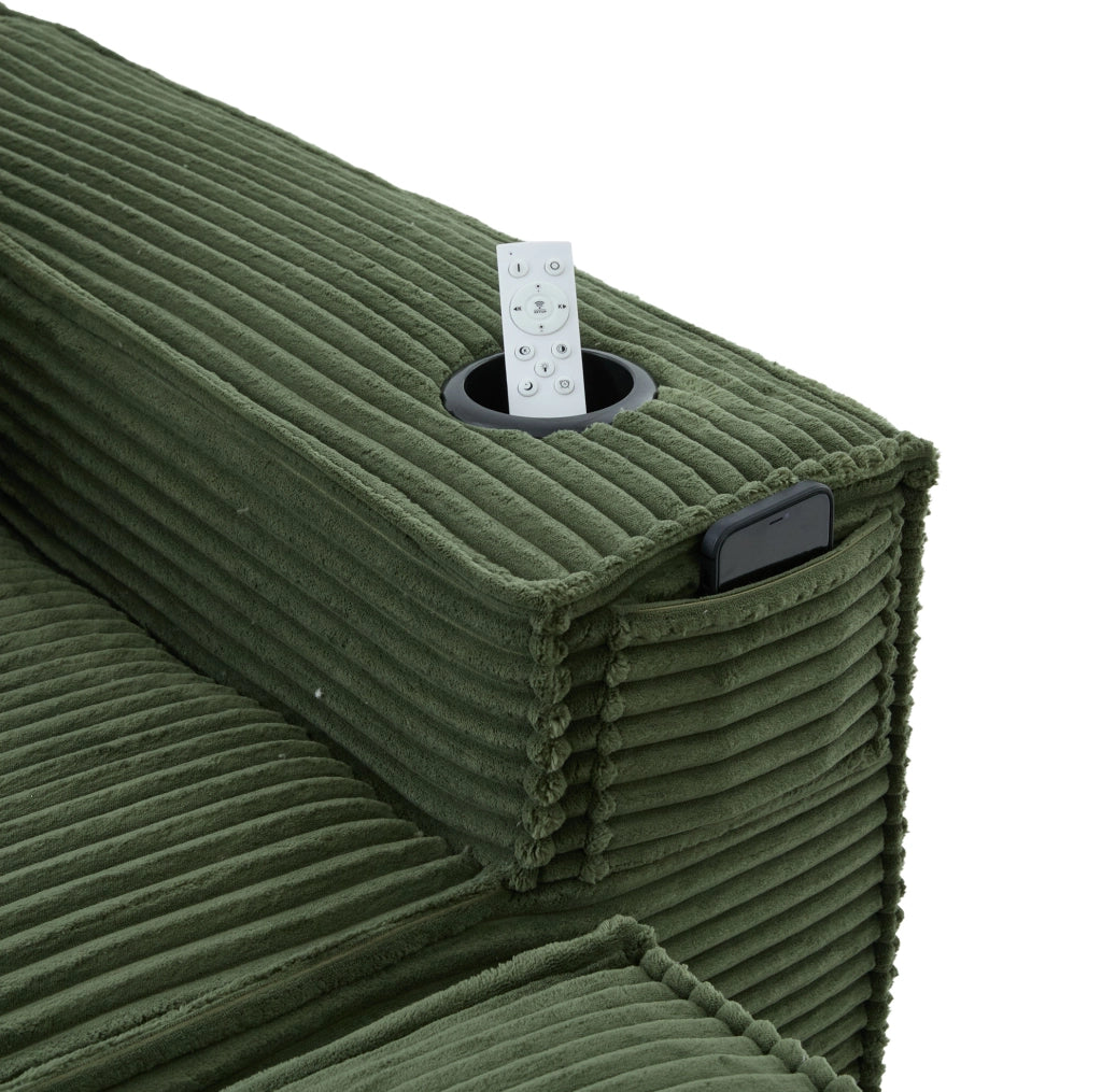Divano modulare 2 posti con pouf, porta bicchieri e tasche laterali, verde