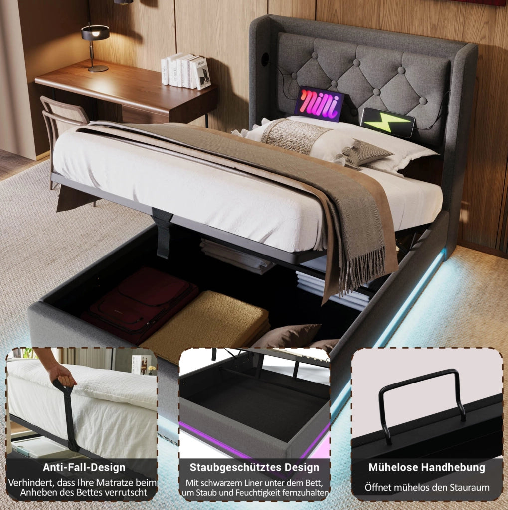 LETTO Contenitore 90x200 cm Grigio in cotone con materasso incluso, USB Tipo C e LED