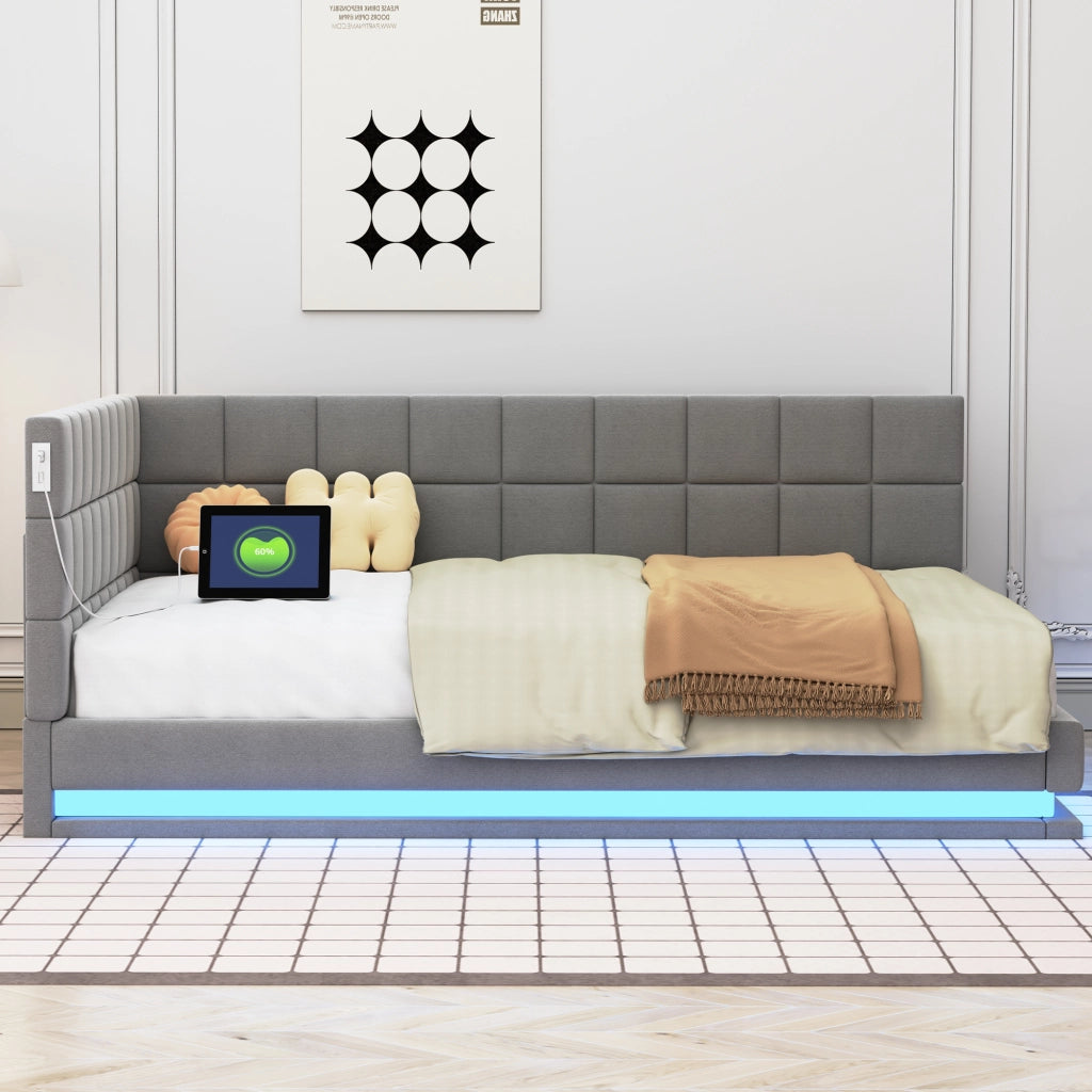 Divano letto 140x200 cm con LED multicolore e porta USB; rete a doghe; lino grigio