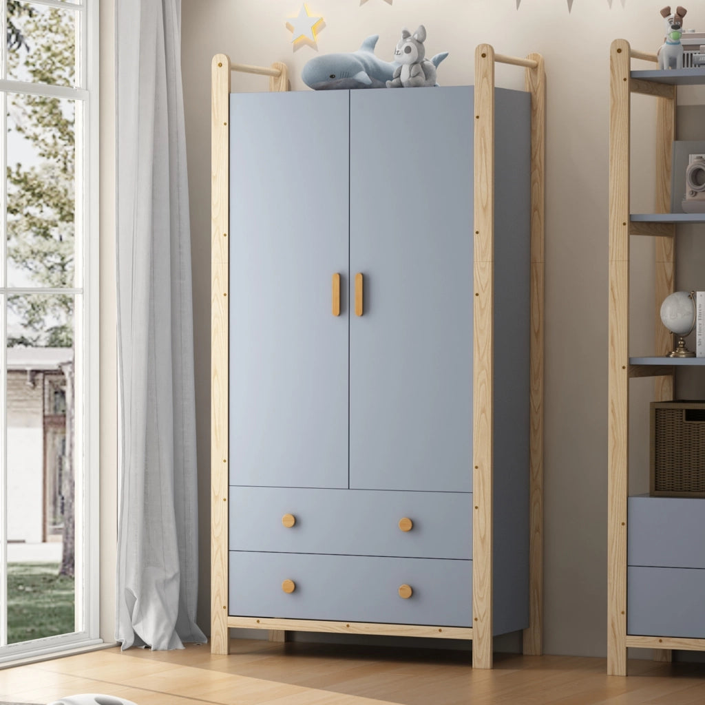 Set guardaroba e scaffale con appendiabiti 4 ripiani aperti e 4 cassetti in legno e MDF blu e naturale