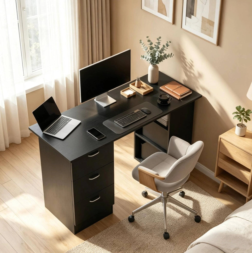 Scrivania per computer in MDF nero 120x49x72 cm con 3 ripiani e 3 cassetti