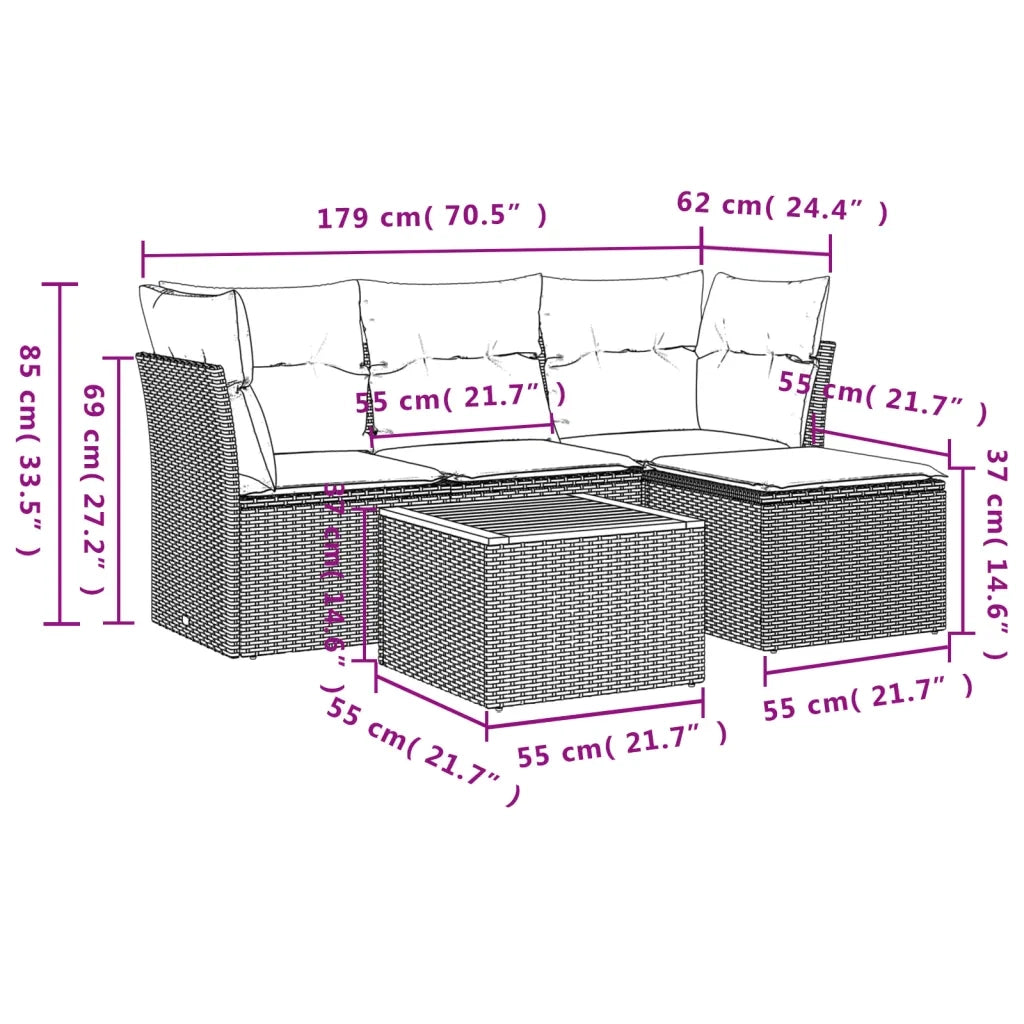 Set Divano da Giardino 5 pz con Cuscini Grigio in Polyrattan