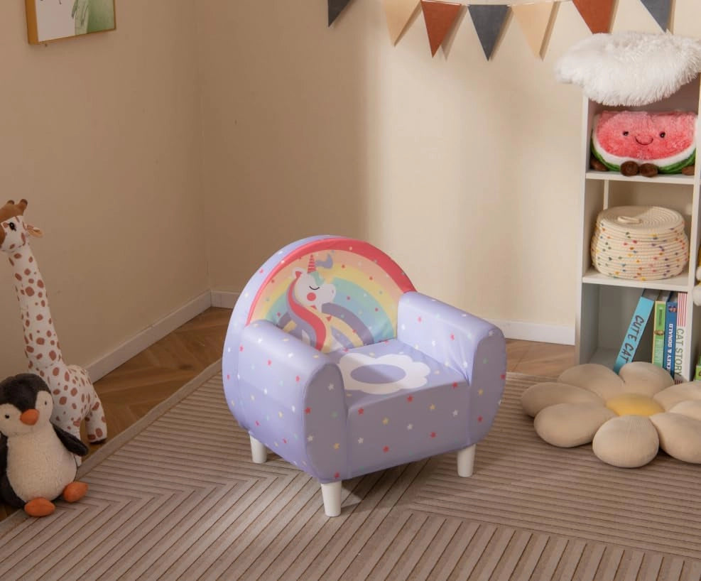 Divano per Bambini a Forma di Unicorno 55 x 40 x 55cm, Poltrona Imbottita con Tessuto Elastico Traspirante e Riempimento in Spugna, Mobile Moderno per Cameretta (Lilla)