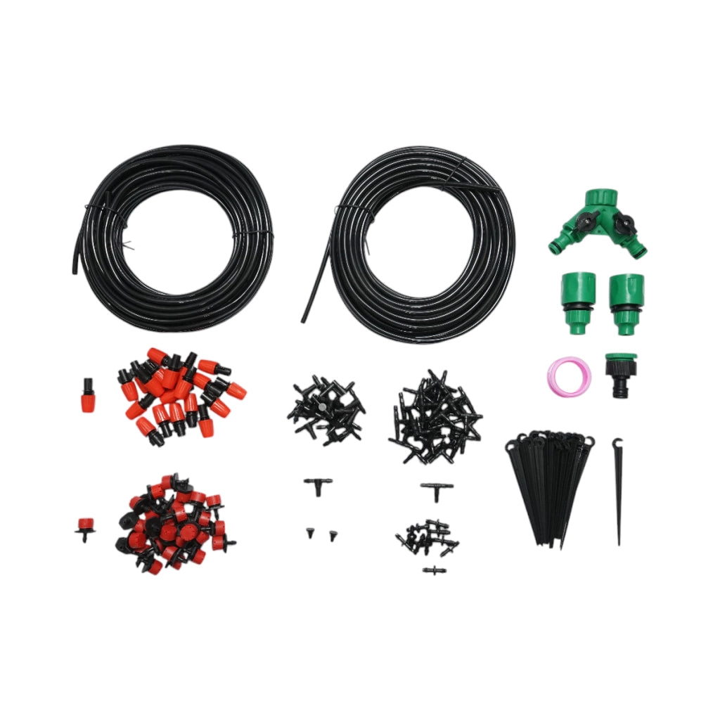 Kit completo per irrigazione a goccia e a spruzzo con tubo da 30 m, ugelli, connettori e aste di fissaggio (149 pezzi)