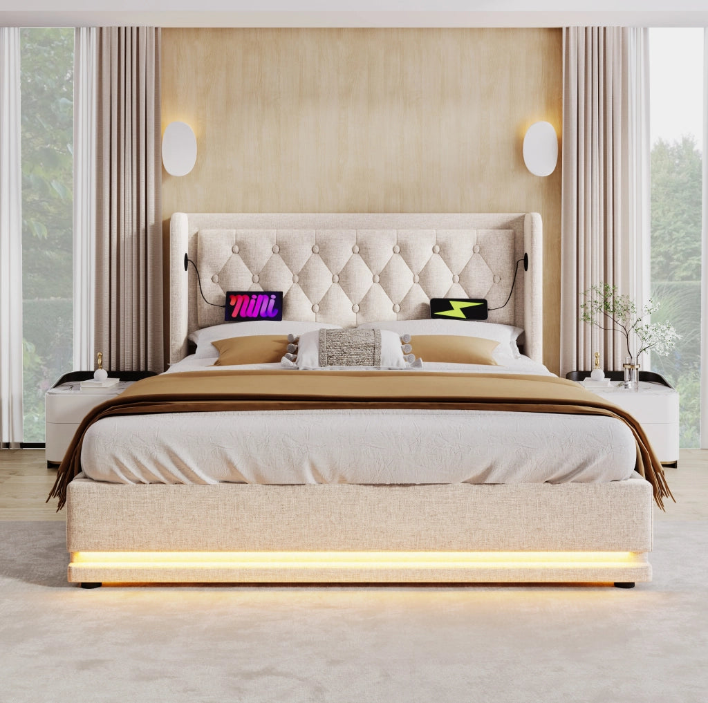 LETTO Contenitore 180x200 cm Cotone Beige con USB e LED