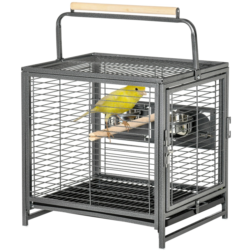 Gabbia per Uccelli Portatile ¨C Xylo ¨C 2 Trespoli in Legno, 2 Mangiatoie, Vassoio Estraibile, 48x38x47,8 cm, Nero