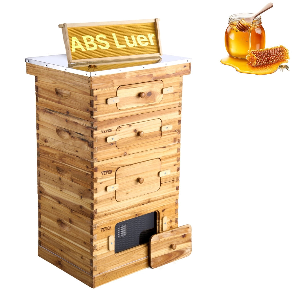 Kit Arnia Langstroth FX2+2 40 Telaini in Legno di Cedro con Cera d'Api per Apicoltura 2 Scatole Profonde 2 Medie Finestre Acrilico Robusto